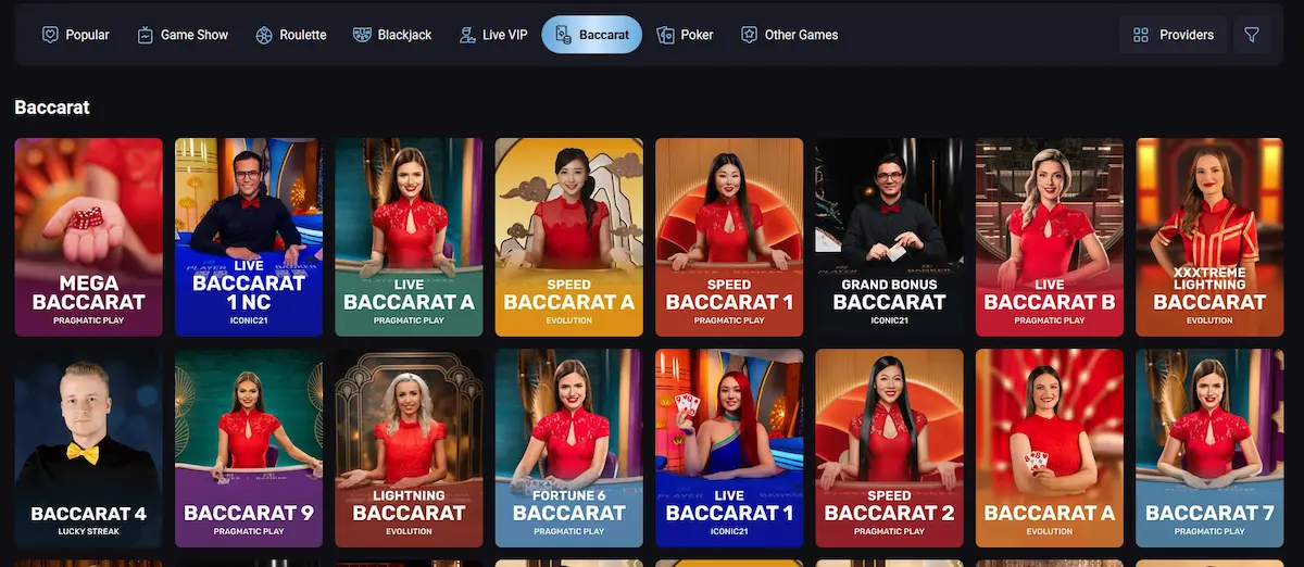 Slotlounge live baccarat table with punto banco betting layout