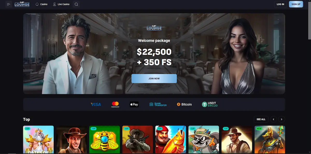 Slotlounge Casino homepage showing the pokies and live casino lobby