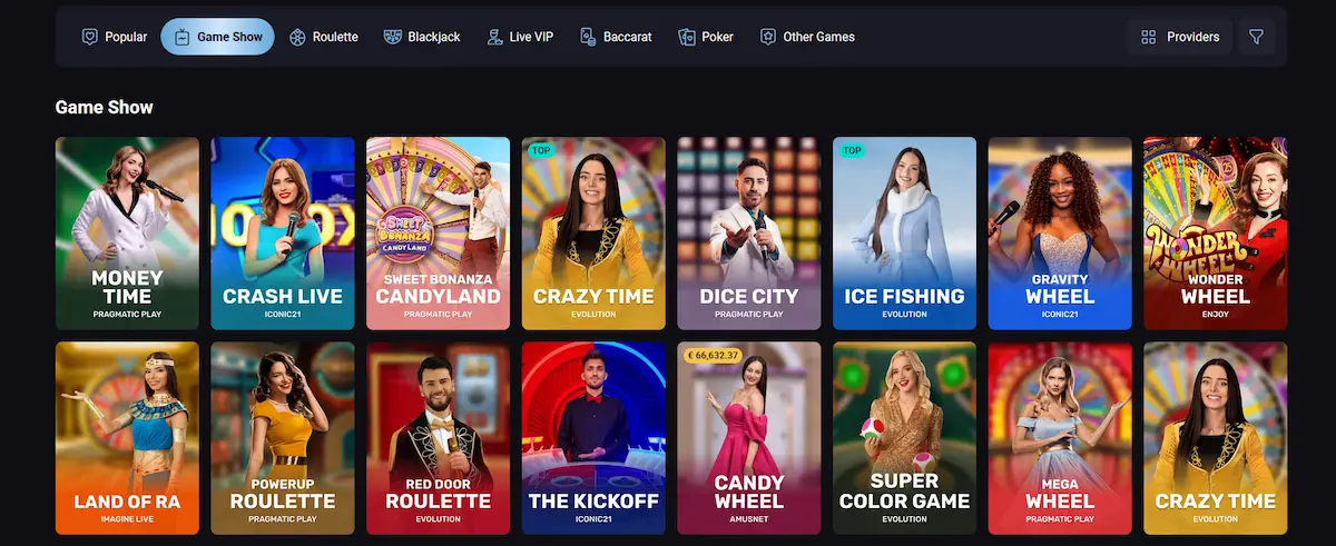 Slotlounge live game show lobby with Evolution Gaming titles
